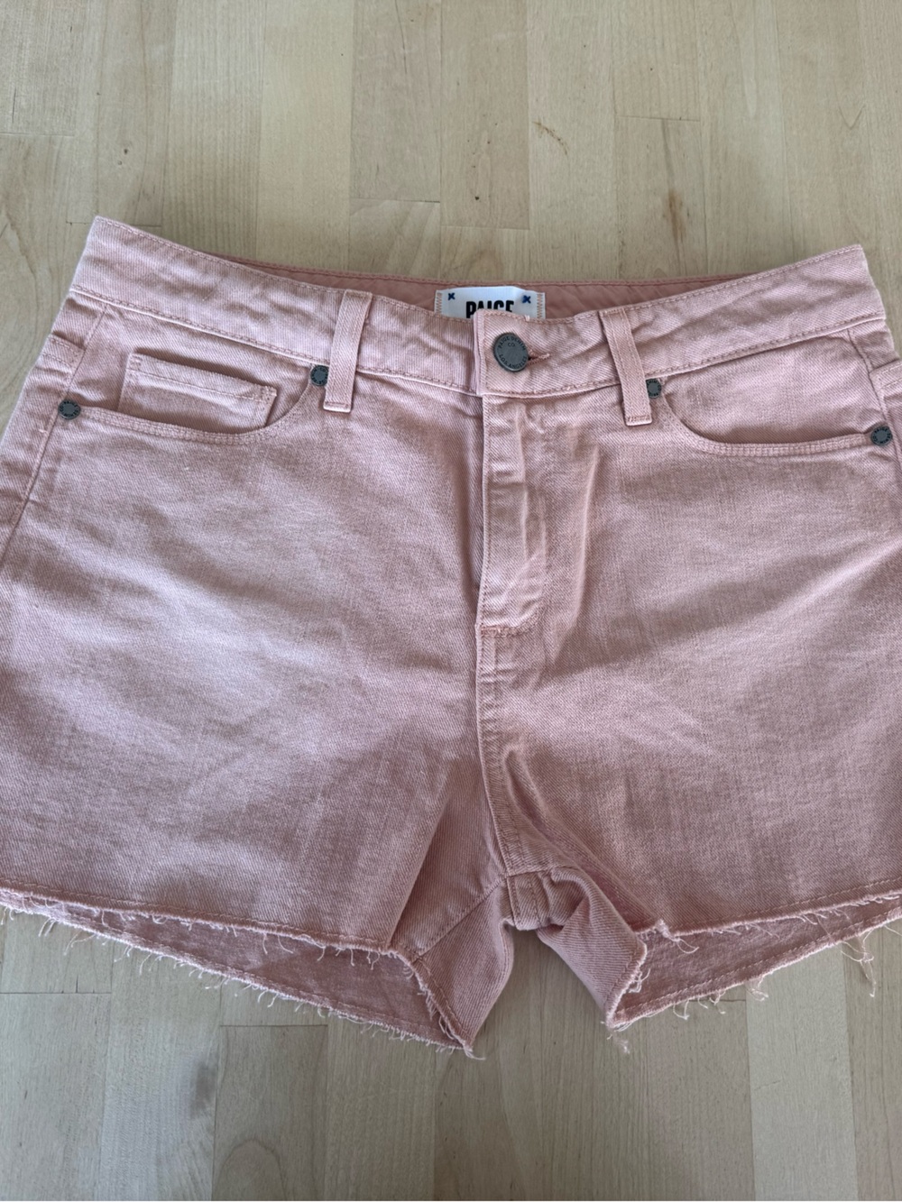 PAIGE Pink High-Rise Raw Hem Denim Shorts